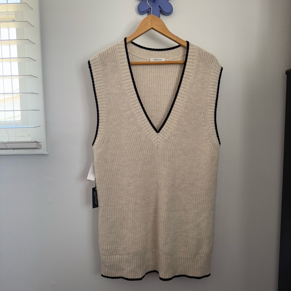 Aritzia Cream V-Neck Sweater Vest with Black Trim